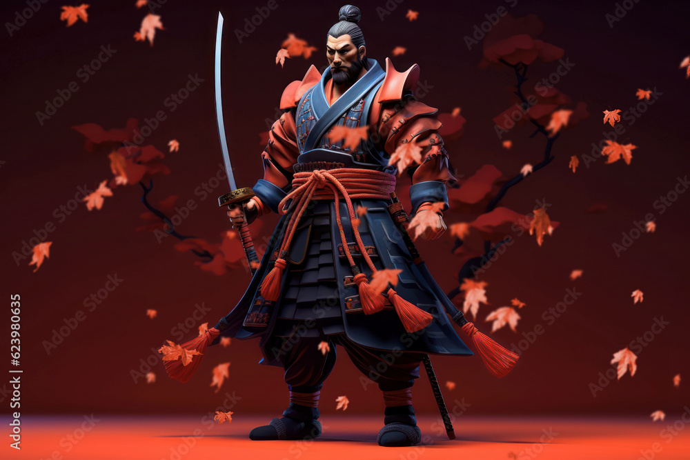 3D deformed image of a samurai, Generative AI