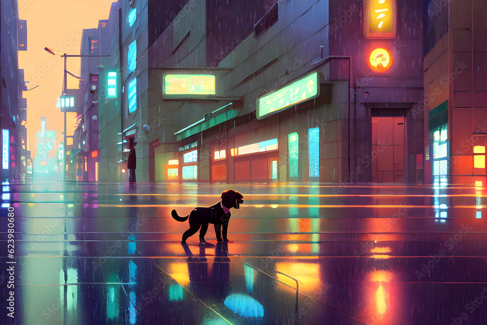 A lonely puppy in a rainy city. 
Generative AI