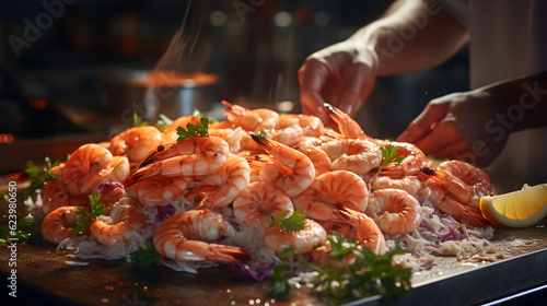 Chef prepares shrimp, cooks seafood, tray full of shrimp Generative AI