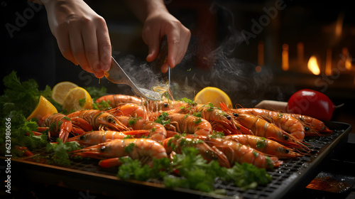 Chef prepares shrimp, cooks seafood, tray full of shrimp Generative AI © kitti