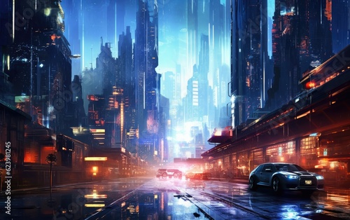 Illustration of neon light at night in a cyberpunk futuristic city skyscraper. Generative AI.