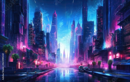 Illustration of neon light at night in a cyberpunk  futuristic city skyscraper. Generative AI.