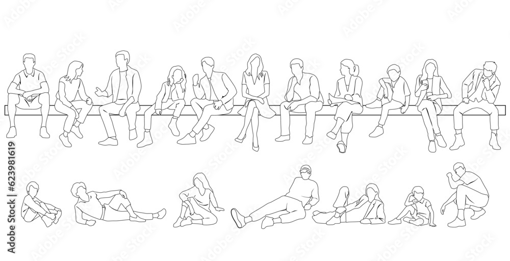 Vector silhouettes of a man, woman and children sitting on a bench, linear sketch, a group of business people, black color on a white background