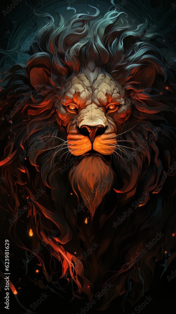 Cinematic image lion with burning eyes made with generative AI Cinematic image lion with burning eyes made with generative AI