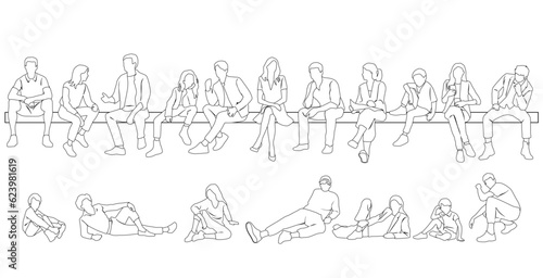 Obraz na płótnie Vector silhouettes of a man, woman and children sitting on a bench, linear sketch, a group of business people, black color on a white background w salonie