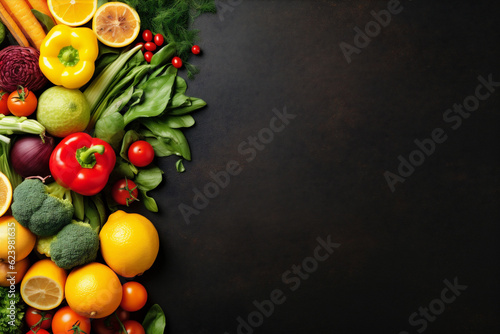 background healthy vegetable vegetarian table fresh ingredient food copy cooking dark space. Generative AI.