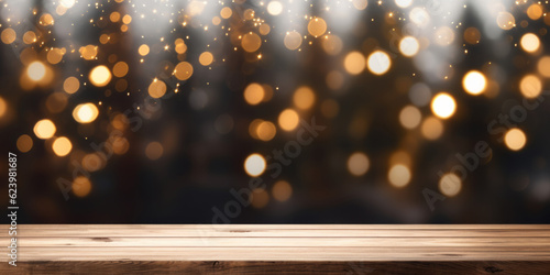 Festive empty wooden table top for product display with glowing christmas tree lights background