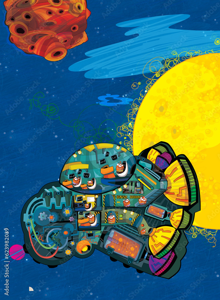 Fototapeta premium Cartoon funny colorful scene of cosmos galactic alien ufo space craft plane isolated illustration for children