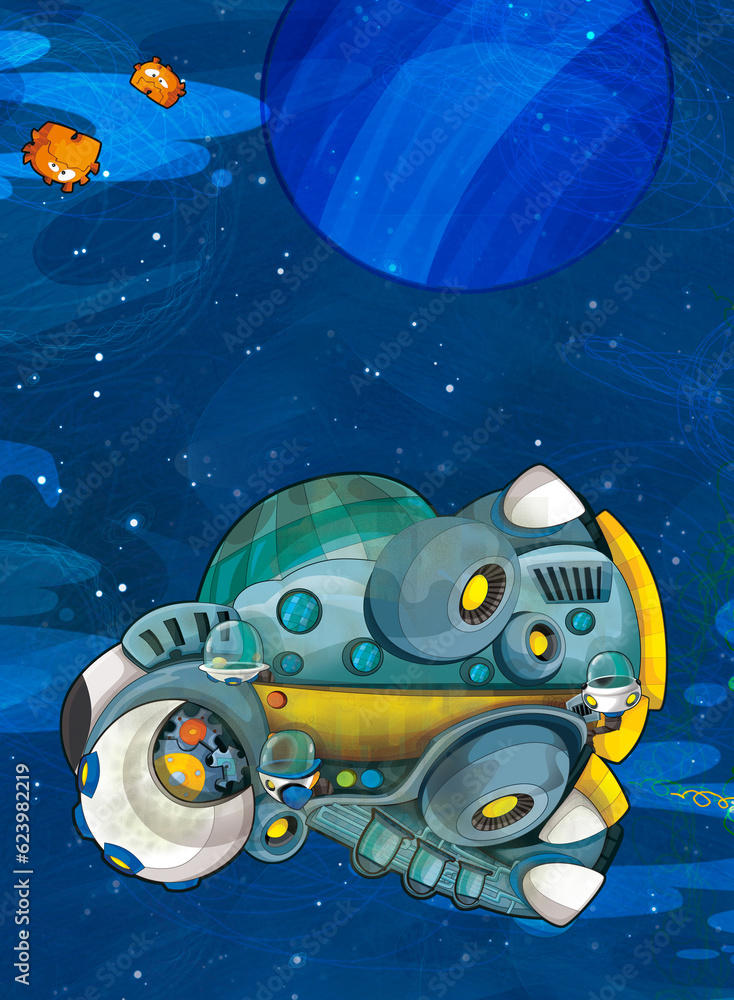 Naklejka premium Cartoon funny colorful scene of cosmos galactic alien ufo space craft plane isolated illustration for children