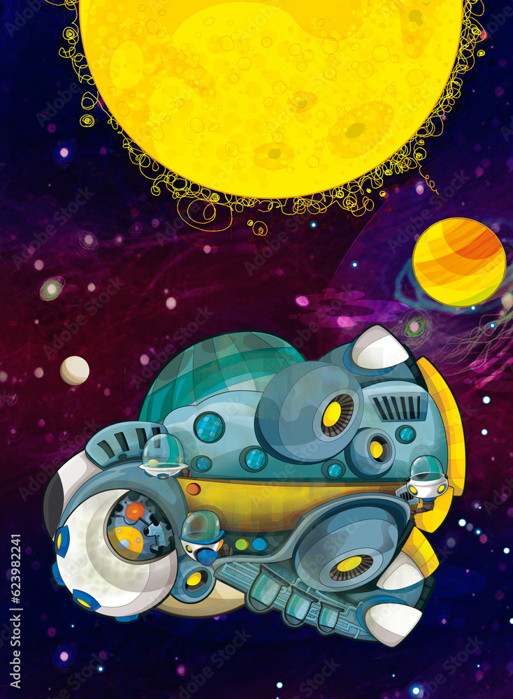Naklejka premium Cartoon funny colorful scene of cosmos galactic alien ufo space craft plane isolated illustration for children