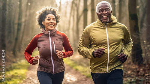 Smiling elderly pair jogging amidst the vibrant autumn foliage, AI generated