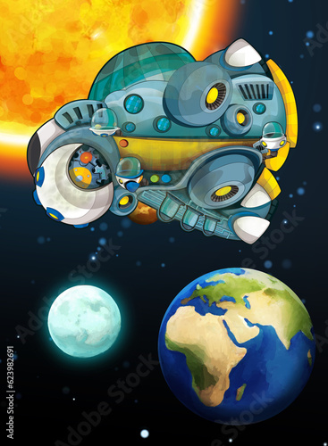 Fototapeta Naklejka Na Ścianę i Meble -  Cartoon funny colorful scene of cosmos galactic alien ufo space craft plane isolated illustration for children