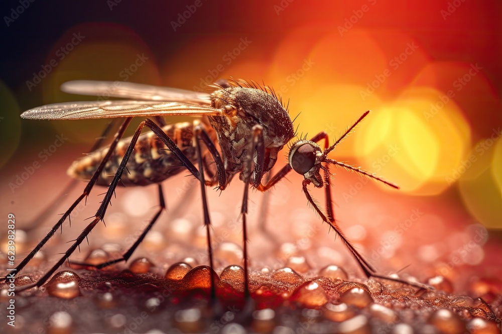 Aedes mosquito that carries dengue fever, Zika virus is sucking blood on a person's skin. Mosquitoes are carriers of dengue fever and malaria. Chikungunya, Mayaro, Yellow fever. Generative Ai Aedes mosquito that carries dengue fever, Zika virus is sucking blood on a person's skin. Mosquitoes are carriers of dengue fever and malaria. Chikungunya, Mayaro, Yellow fever. Generative Ai