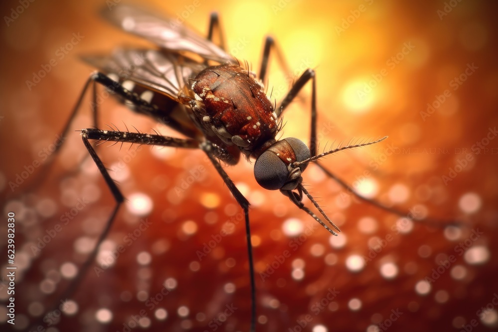 Fototapeta premium Aedes mosquito that carries dengue fever, Zika virus is sucking blood on a person's skin. Mosquitoes are carriers of dengue fever and malaria. Chikungunya, Mayaro, Yellow fever. Generative Ai