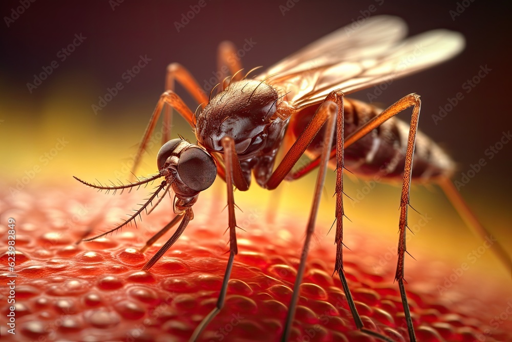 Naklejka premium Aedes mosquito that carries dengue fever, Zika virus is sucking blood on a person's skin. Mosquitoes are carriers of dengue fever and malaria. Chikungunya, Mayaro, Yellow fever. Generative Ai