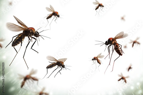 Aedes mosquito, Flying aedes mosquitoes isolated on white background. Mosquitoes are carriers of dengue fever and malaria. Dengue, Chikungunya, Mayaro, Yellow fever. Generative Ai © tong2530