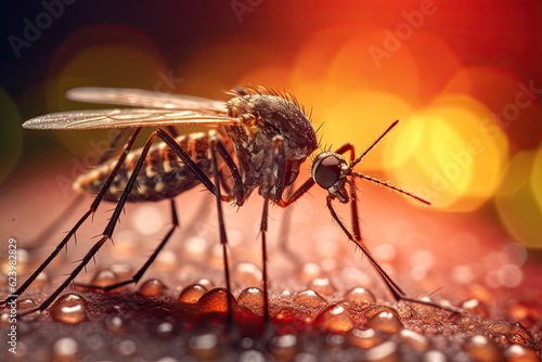 Aedes mosquito that carries dengue fever, Zika virus is sucking blood on a person's skin. Mosquitoes are carriers of dengue fever and malaria. Chikungunya, Mayaro, Yellow fever. Generative Ai © tong2530