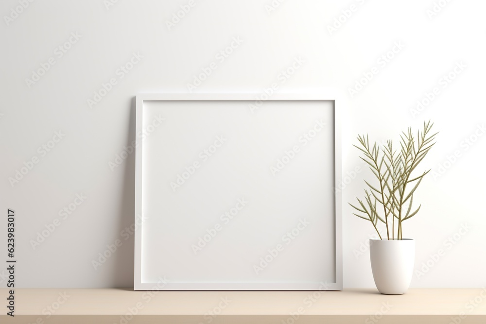 Empty horizontal frame mockup in modern minimalist interior with plant in trendy vase on white wall background. Template for artwork, painting, photo Empty horizontal frame mockup in modern minimalist interior with plant in trendy vase on white wall background. Template for artwork, painting, photo