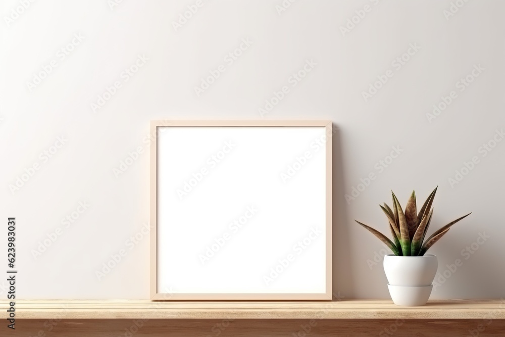 Empty horizontal frame mockup in modern minimalist interior with plant in trendy vase on white wall background. Template for artwork, painting, photo Empty horizontal frame mockup in modern minimalist interior with plant in trendy vase on white wall background. Template for artwork, painting, photo