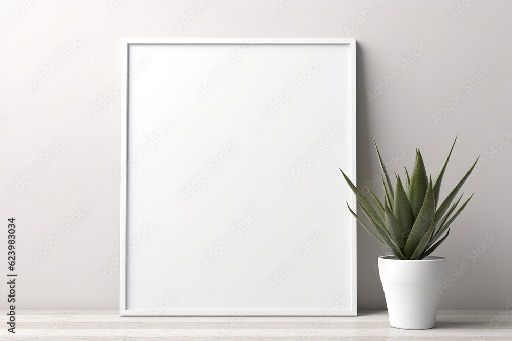 Empty horizontal frame mockup in modern minimalist interior with plant in trendy vase on white wall background. Template for artwork, painting, photo Empty horizontal frame mockup in modern minimalist interior with plant in trendy vase on white wall background. Template for artwork, painting, photo