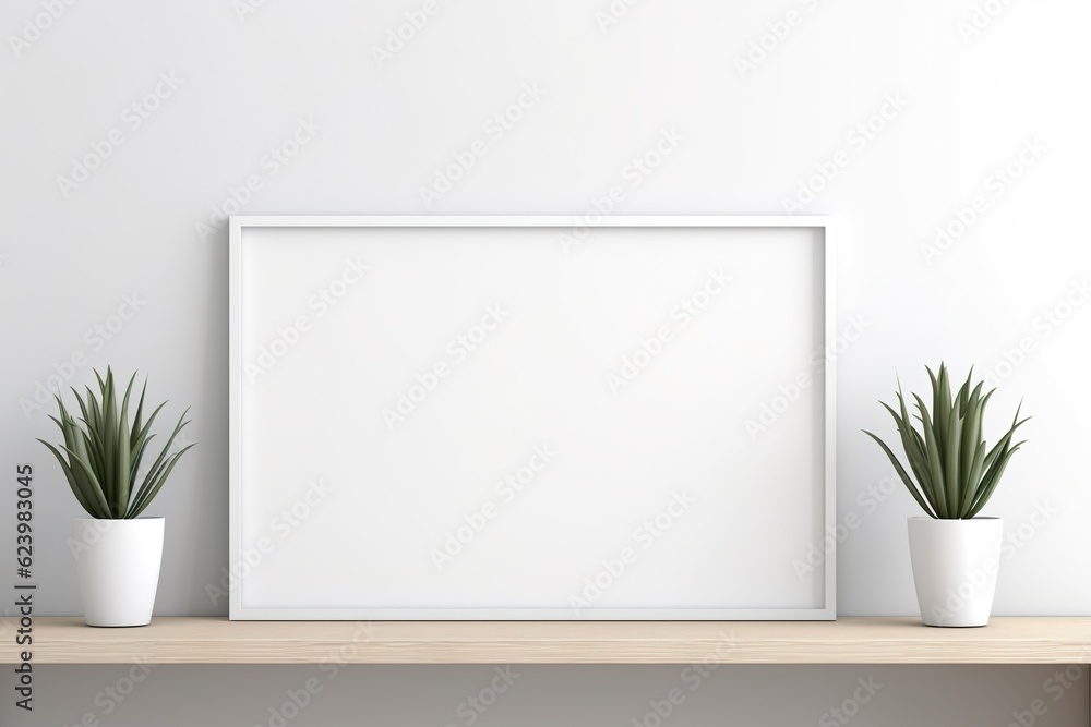 Empty horizontal frame mockup in modern minimalist interior with plant in trendy vase on white wall background. Template for artwork, painting, photo Empty horizontal frame mockup in modern minimalist interior with plant in trendy vase on white wall background. Template for artwork, painting, photo