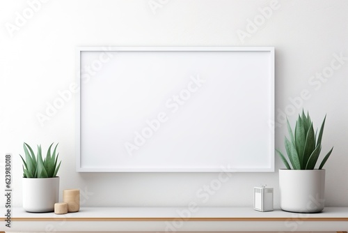 Empty horizontal frame mockup in modern minimalist interior with plant in trendy vase on white wall background. Template for artwork, painting, photo 