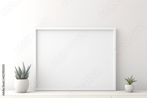 Empty horizontal frame mockup in modern minimalist interior with plant in trendy vase on white wall background. Template for artwork, painting, photo 