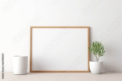 Empty horizontal frame mockup in modern minimalist interior with plant in trendy vase on white wall background. Template for artwork, painting, photo 