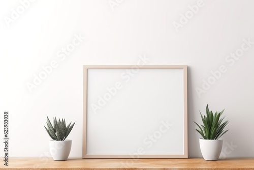 Empty horizontal frame mockup in modern minimalist interior with plant in trendy vase on white wall background. Template for artwork, painting, photo 