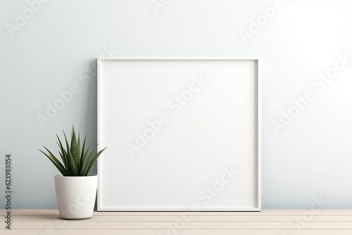 Empty horizontal frame mockup in modern minimalist interior with plant in trendy vase on white wall background. Template for artwork, painting, photo 