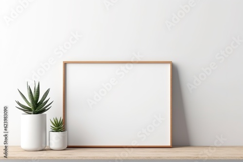 Empty horizontal frame mockup in modern minimalist interior with plant in trendy vase on white wall background. Template for artwork, painting, photo 