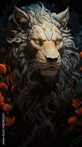 Cinematic image lion with burning eyes made with generative AI