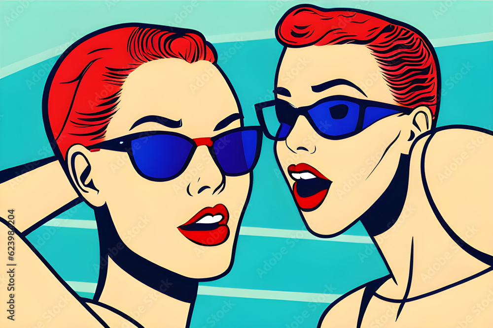 popart style summer vibes beautiful woman. with red lips wearing trendy sunglasses in swimming pool. Generative AI popart style summer vibes beautiful woman. with red lips wearing trendy sunglasses in swimming pool. Generative AI