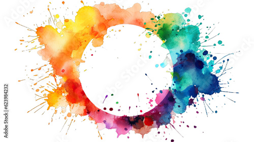 Abstract colorful rainbow color painting illustration - Circular circle frame made of watercolor splashes, isolated on white background (Generative Ai)