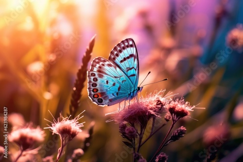 Cheerful spring summer shot of flowers and butterflies in meadow in nature outdoors on bright sunny day, macro. Soft selective focus, Generative AI