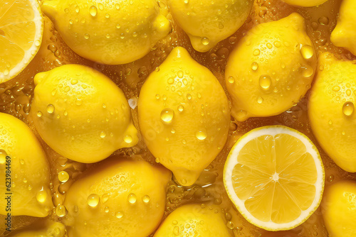 seamless background of many beautiful and shiny lemon, top view.