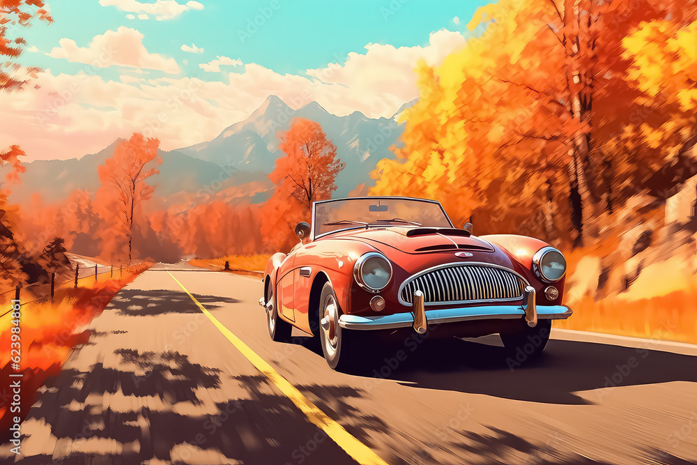 road with a car in a beautiful autumn forest with mountains