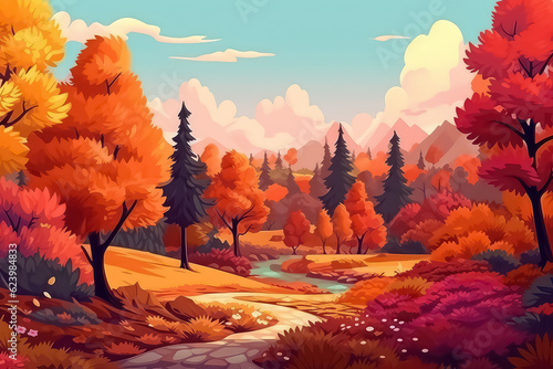Beautiful autumn landscape with yellow trees and sun © yurakrasil