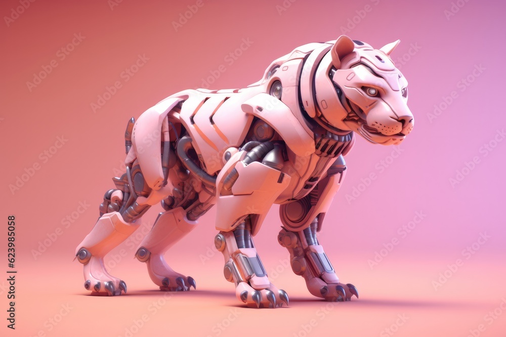 Illustration of futuristic lion / tiger robot isolated on pastel color background, Generative AI Illustration of futuristic lion / tiger robot isolated on pastel color background, Generative AI
