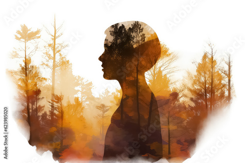 Double exposure of beautiful woman and colorful autumn leaves