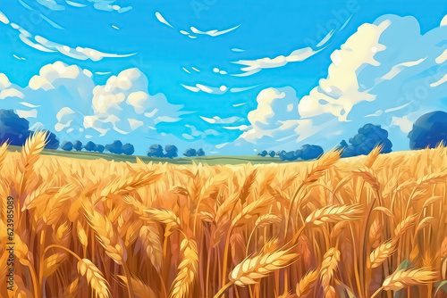 Yellow farming field with ripe wheat and blue sky with clouds above it.