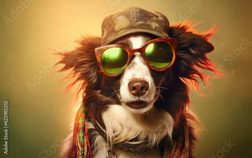 Vintage style of a border collie hippy dog that is a hippy and very happy, Generative AI