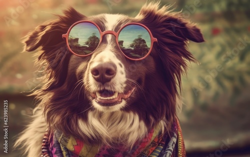 Vintage style of a border collie hippy dog that is a hippy and  very happy, Generative AI © tonstock