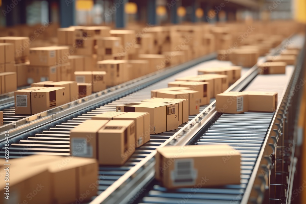 Cardboard boxes of packages seamlessly courier on production line in warehouse moving along a conveyor belt in a warehouse fulfillment center, Generative AI Cardboard boxes of packages seamlessly courier on production line in warehouse moving along a conveyor belt in a warehouse fulfillment center, Generative AI