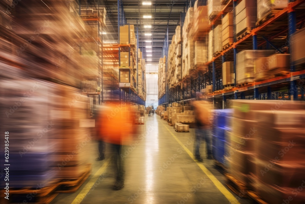 Blurred image of warehouse employees logistics staff in uniform working in actions on forklift, Generative AI