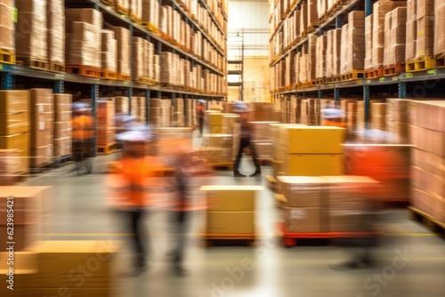 Blurred image of warehouse employees logistics staff in uniform working in actions on forklift, Generative AI © tonstock