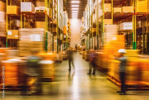 Blurred image of warehouse employees logistics staff in uniform working in actions on forklift, Generative AI