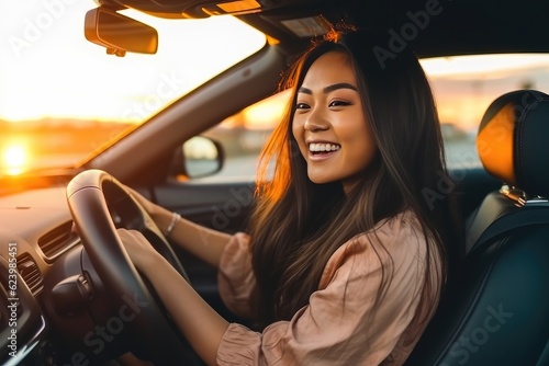 Joyful beautiful young happy smiling woman driving her new car at sunset, Generative AI