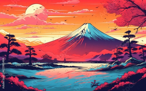 Illustration of Japan lansdcape with fuji mountains, japanese drawing style, Generative AI