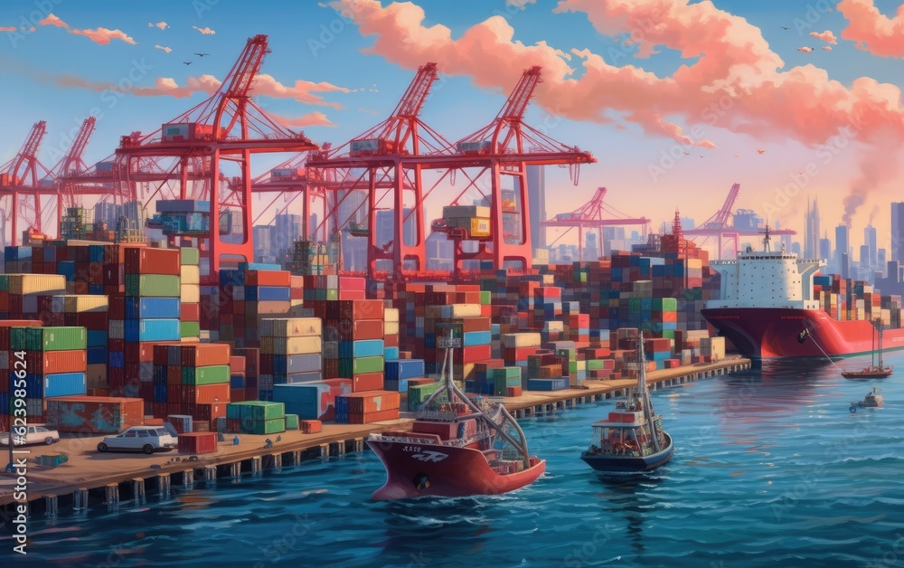 Fototapeta premium View of the harbor with container ships, Logistics and transportation of cargo ship, logistic import export and transport industry background, Generative AI